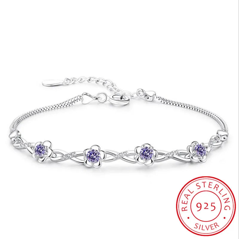 Luxury 925 Sterling Silver Bracelets Purple White Zirconia