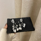 Vintage Rhinestone Pearl Tassel Chain Earrings Ear Clips