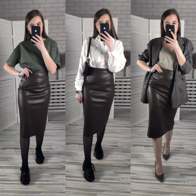 Neophil 74cm Women's Winter Pu Leather Midi Skirts