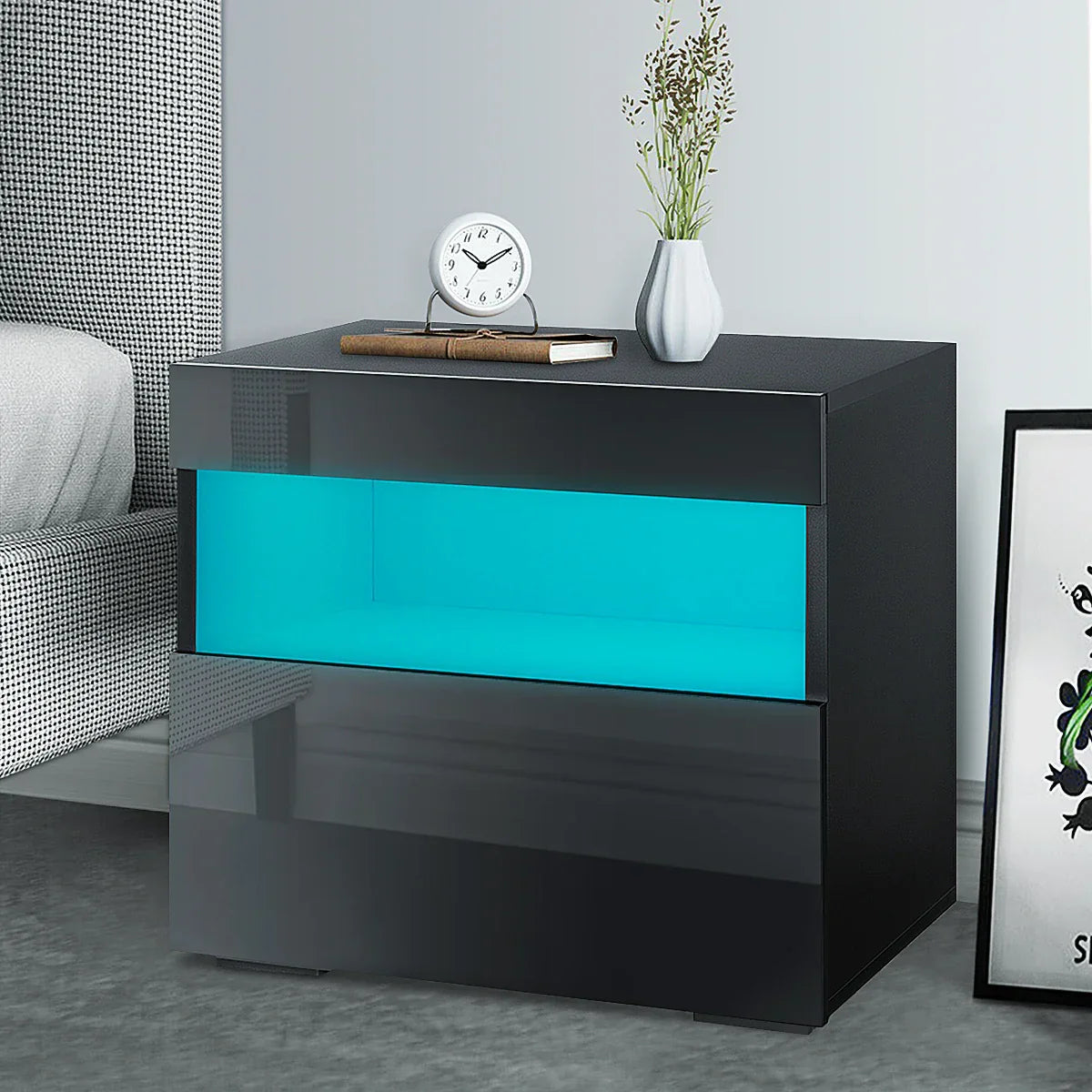 Modern Luxury LED Light Nightstand w/2 Drawers Organizer