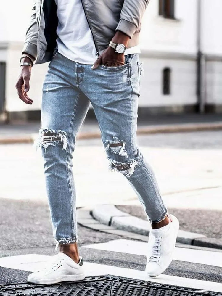 Men Jeans Streetwear Knee Ripped Skinny Hip Hop