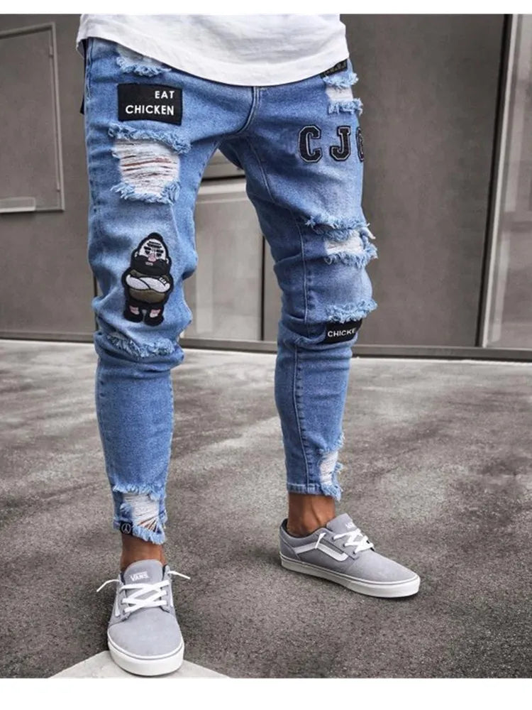 Men's Ripped Pencil Pants Men Skinny Denim Biker