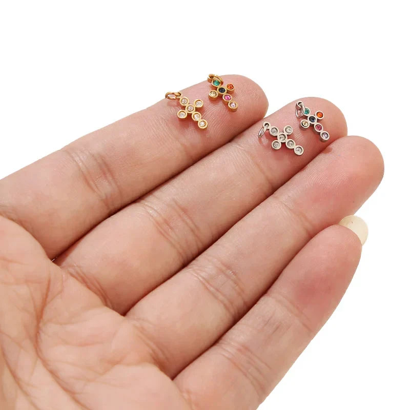 5pcs Stainless Steel Mini Cross Charms Cubic Zirconia