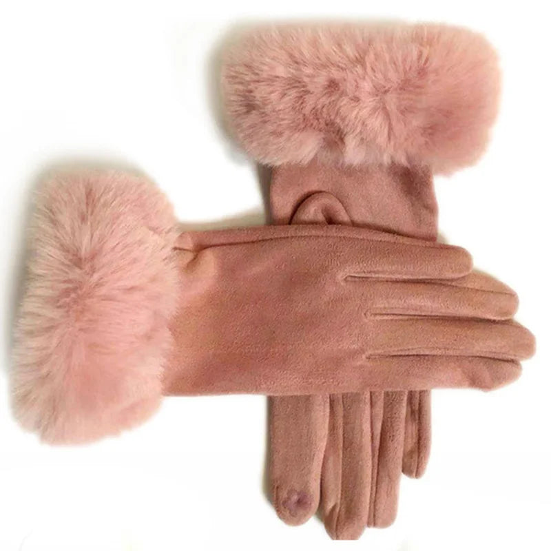 Women Faux Rabit Fur Wrist Suede Leather Touch