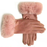 Women Faux Rabit Fur Wrist Suede Leather Touch