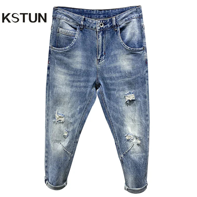 Ripped Jeans Men Light Blue Stretch Harem Pants