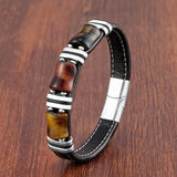 Natural Stone,Tiger Eye Bracelet,Black Leather Rope Chain,Men Bracelet,Stainless