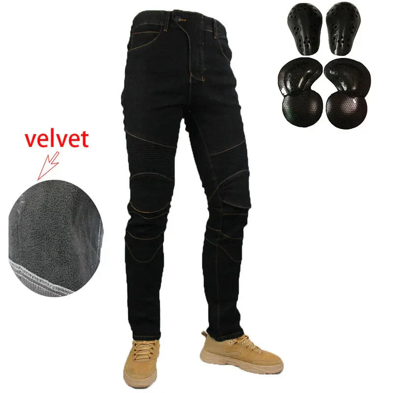 Motorcycle Winter Riding Velvet Jeans Snowmobile Riding Wind And Cold Lamb Velvet Drop-resistant Pants With Protective Gears