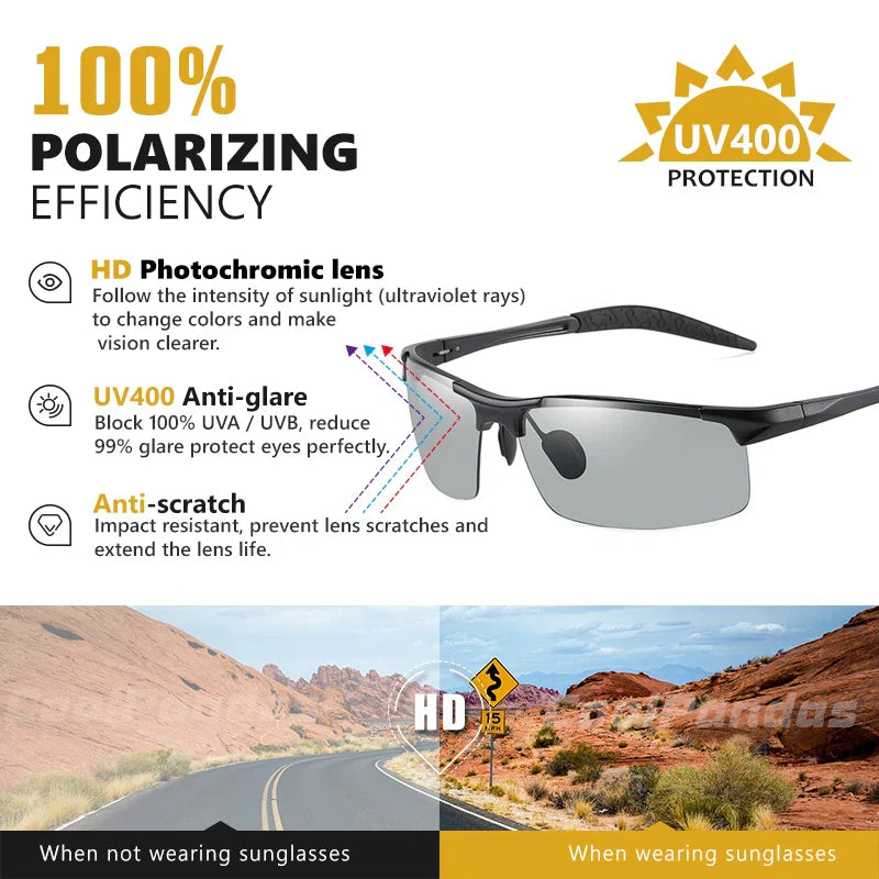 2023 Aluminum Rimless Photochromic Sunglasses Men Polarized Day