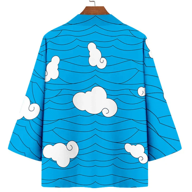 Japanese Style Clouds Print Blue Beach Yukata Women