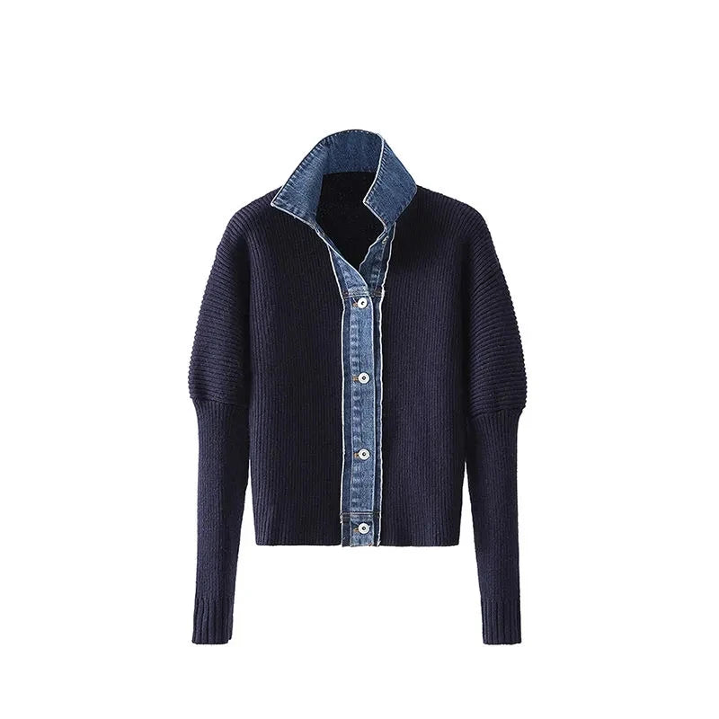 Korean Fashion Sweater Jacket Spring Autumn Denim Patchwork