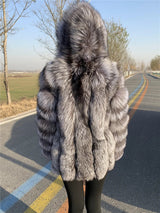 Hooded Silver Fox Fur Coat for Women, Plus