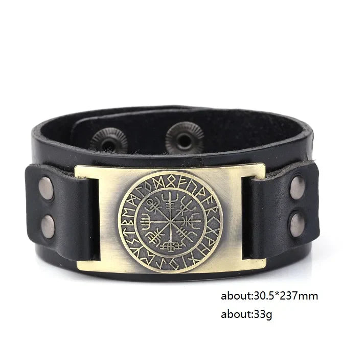 My Shape Wiccan Compass Bracelets Bangles for Men Nordic Runes Odin Symbol Wrap Genuine Leather Bracelet Men‘s Viking Jewelry