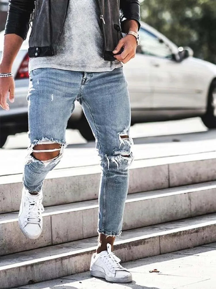 Men Jeans Streetwear Knee Ripped Skinny Hip Hop