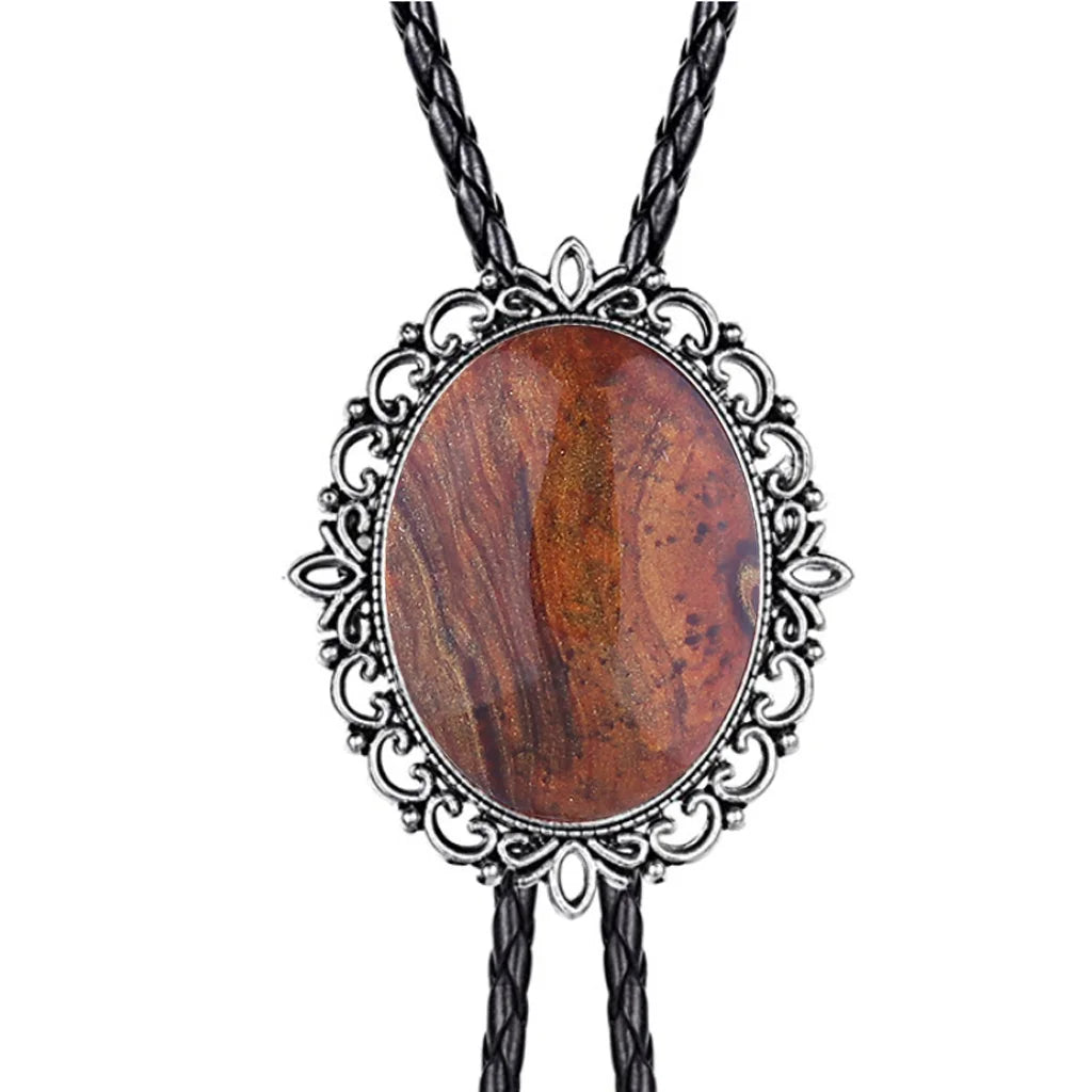 Hollow pattern emerald bolo tie leather cord necklace