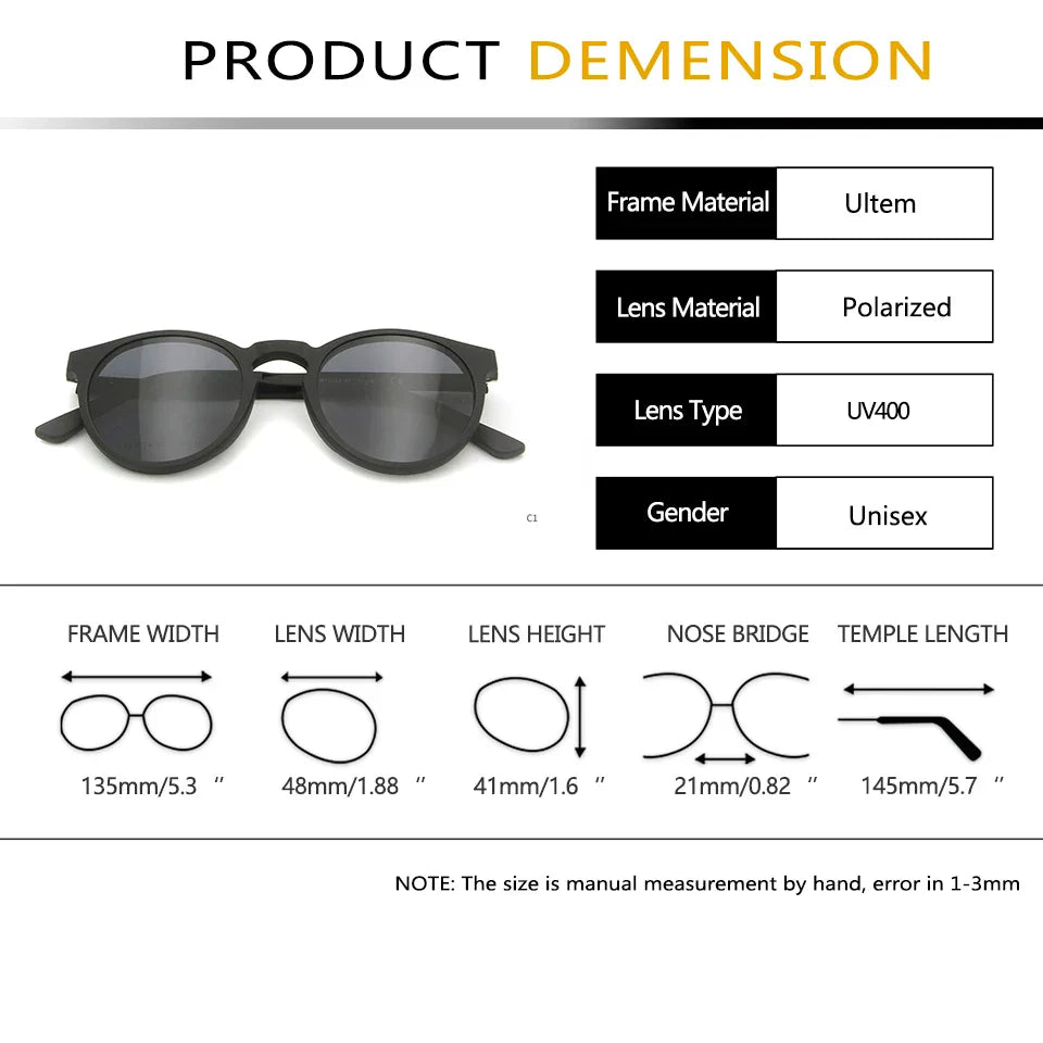 Ultem Vintage Round Clip On Sunglasses UV400 Magnetic
