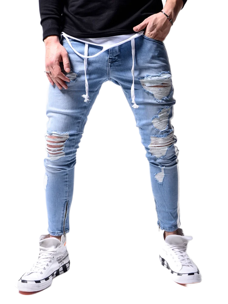 Men's Ripped Pencil Pants Men Skinny Denim Biker