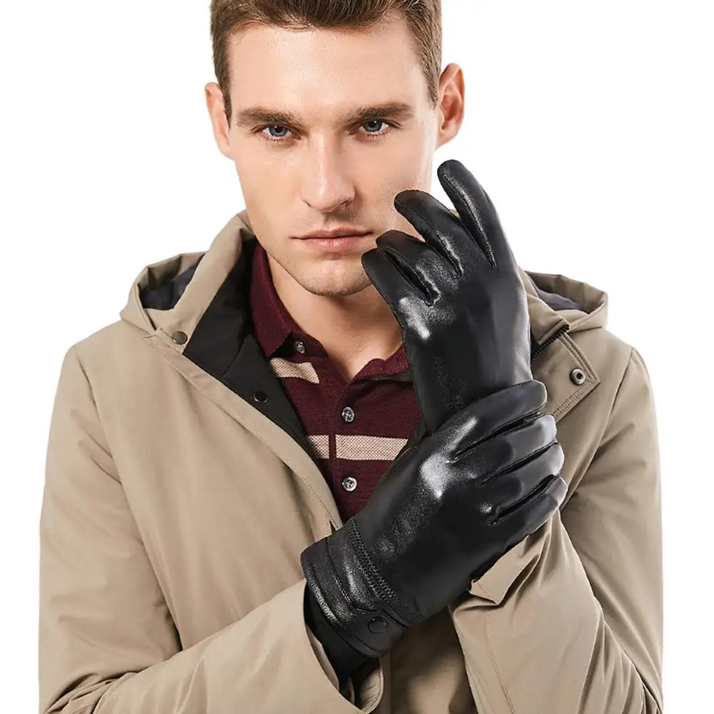 BISON DENIM Men Sheepskin Gloves Genuine Leather Thermal