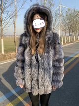 Hooded Silver Fox Fur Coat for Women, Plus