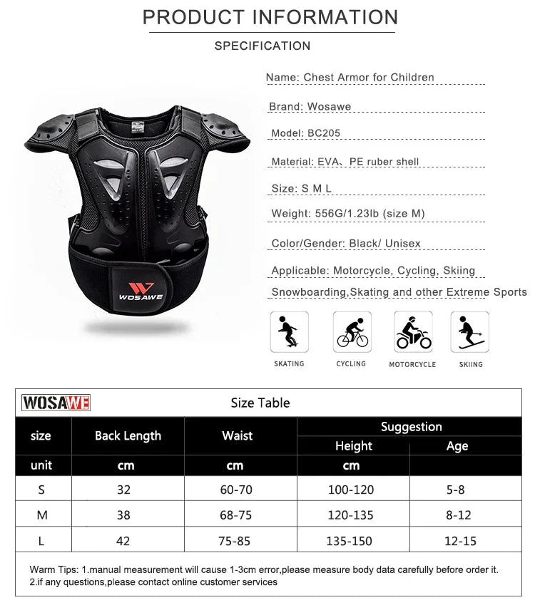 WOSAWE Children's Armor Jacket Spine Chest Protection Equipment Motocross Skateboard Moto Jacket Motorcycle Gear Moto Kids Armor