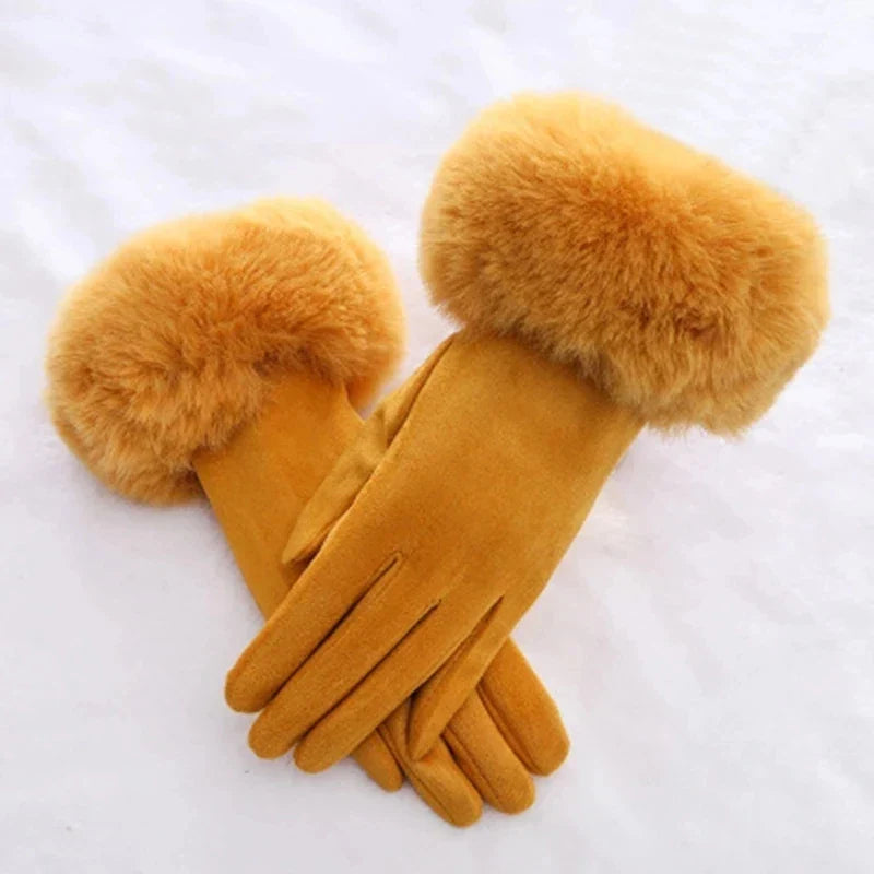 Women Faux Rabit Fur Wrist Suede Leather Touch