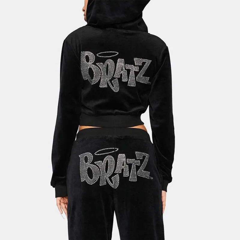 Y2k Women's Brown Rhinestone Bratz Print Streetwear Hoodies