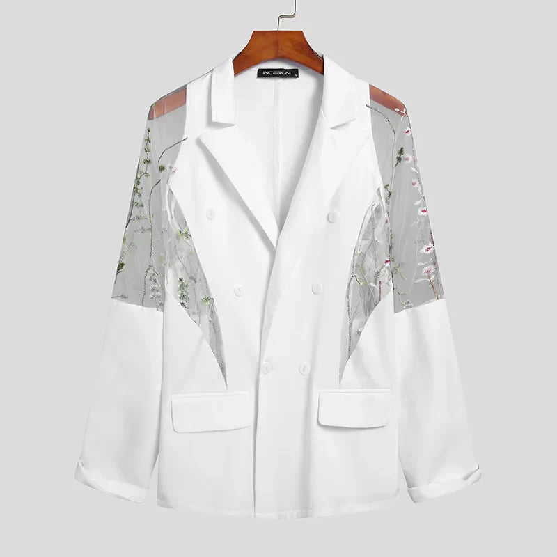 Men Blazer Mesh Patchwork See Through Streetwear Double