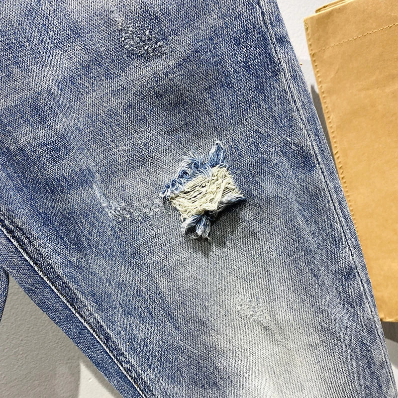 Ripped Jeans Men Light Blue Stretch Harem Pants