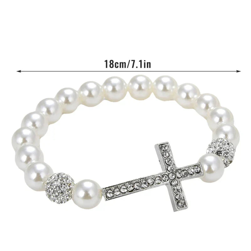 1 Pc Fashionable Imitation Pearl Beaded Bracelet Cross