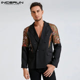 Men Blazer Mesh Patchwork See Through Streetwear Double