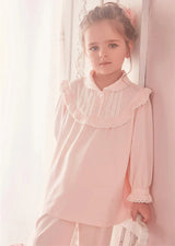 Children Girl's Lolita Pink Pajama Sets.Turndown Collar Tops+Pants.Vintage