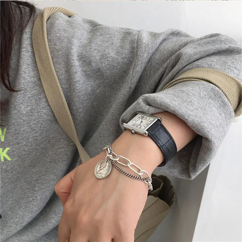 ANENJERY Silver Color Round Coin Bracelet for Women