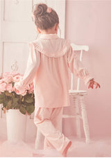 Children Girl's Lolita Pink Pajama Sets.Turndown Collar Tops+Pants.Vintage