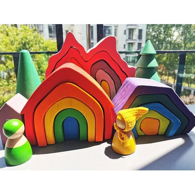 Montessori Wooden Toys Elemental Rainbow Stacking Blocks /Unpaint