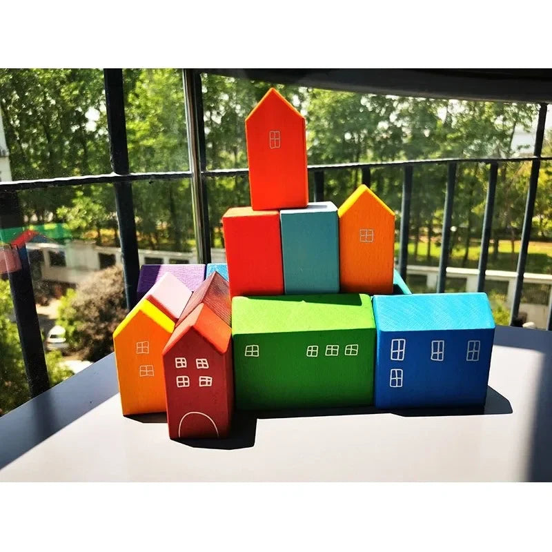 Montessori Wooden Toys Elemental Rainbow Stacking Blocks /Unpaint