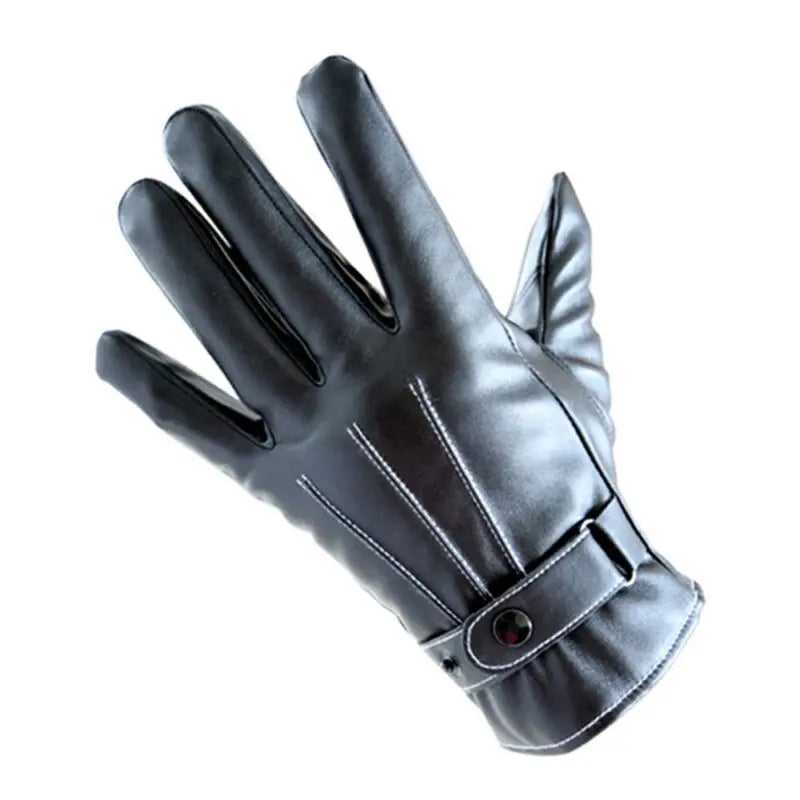 Gloves Men Winter Leather Black Gloves Button Warm