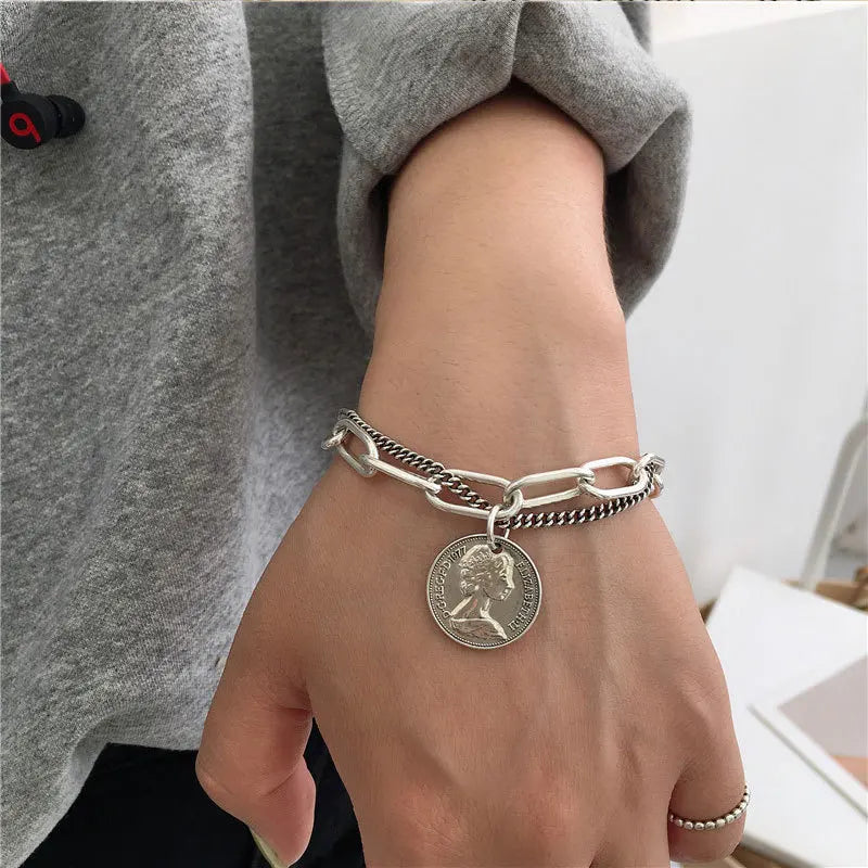 Evimi 925 Silver Color Portrait Coin Bracelet For
