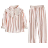 Children Girl's Lolita Pink Pajama Sets.Turndown Collar Tops+Pants.Vintage