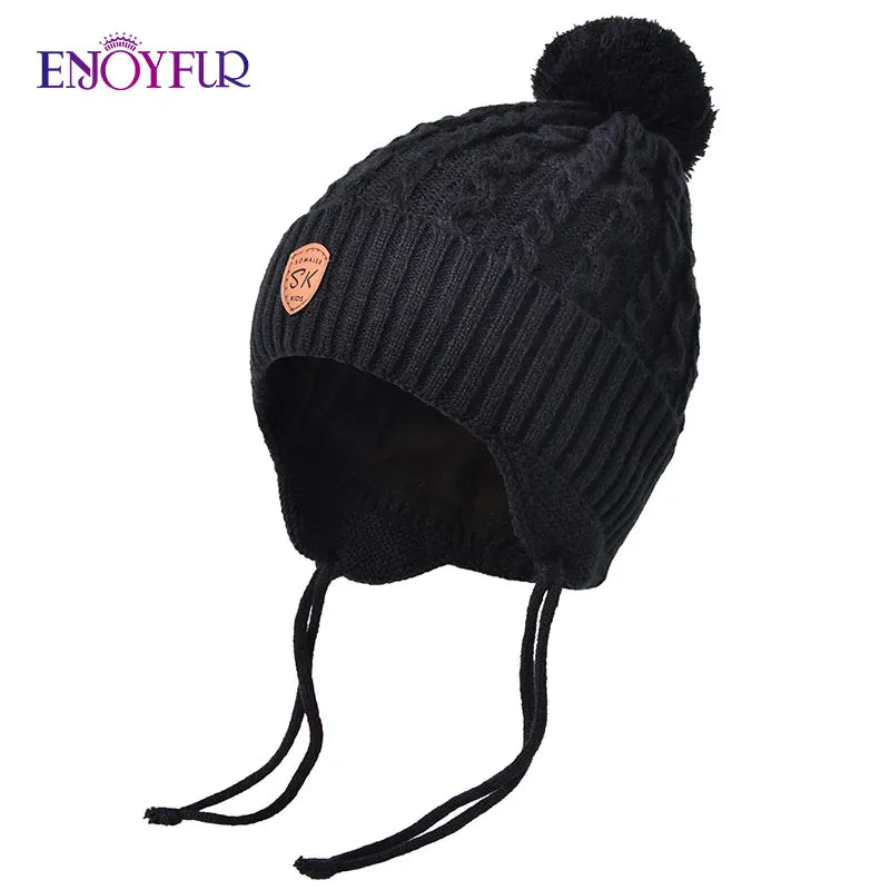 ENJOYFUR Warm Winter Baby Knitted Hats Real Fur
