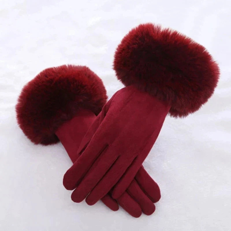 Women Faux Rabit Fur Wrist Suede Leather Touch