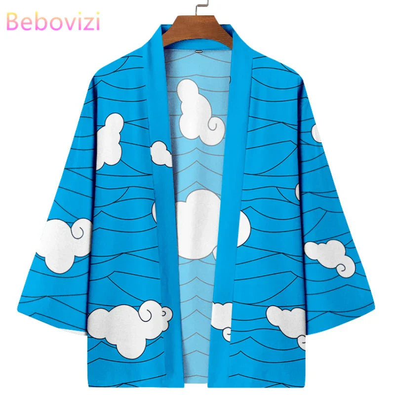 Japanese Style Clouds Print Blue Beach Yukata Women