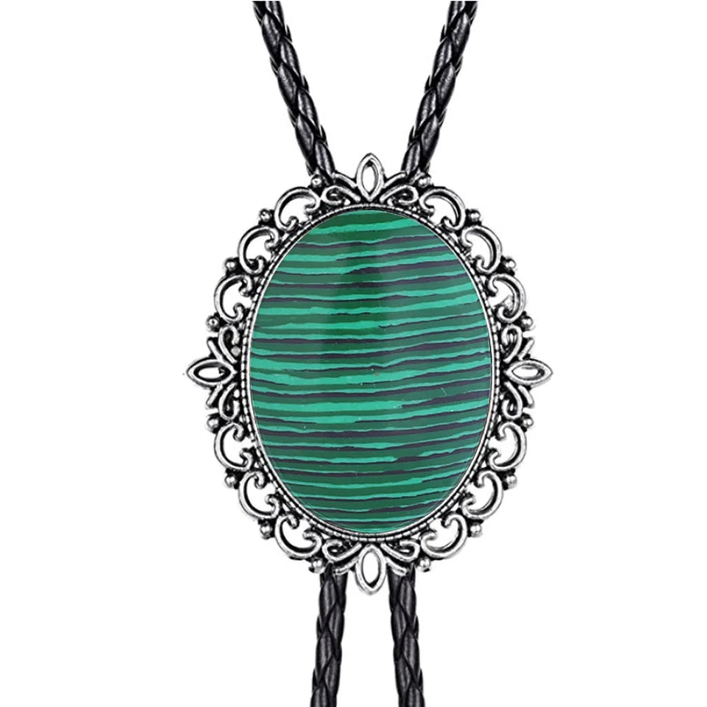Hollow pattern emerald bolo tie leather cord necklace