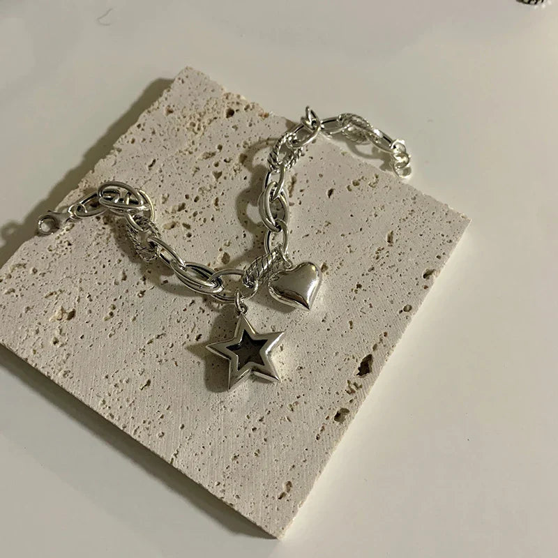 ANENJERY Silver Color Love Heart Star Bracelet for