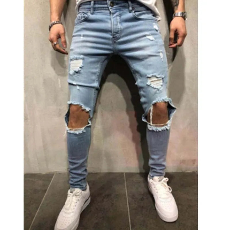 Men Jeans Streetwear Knee Ripped Skinny Hip Hop