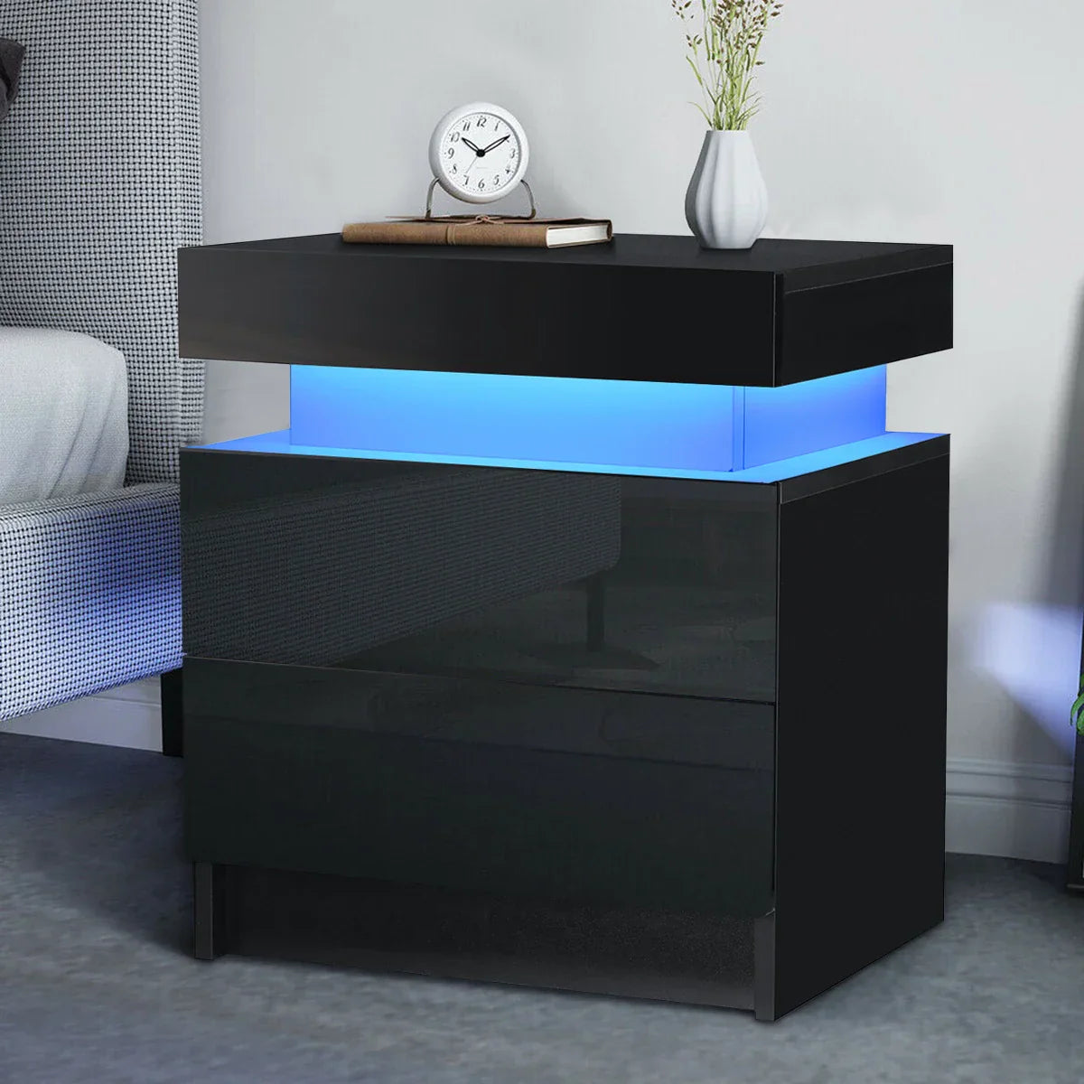 Modern Luxury LED Light Nightstand w/2 Drawers Organizer