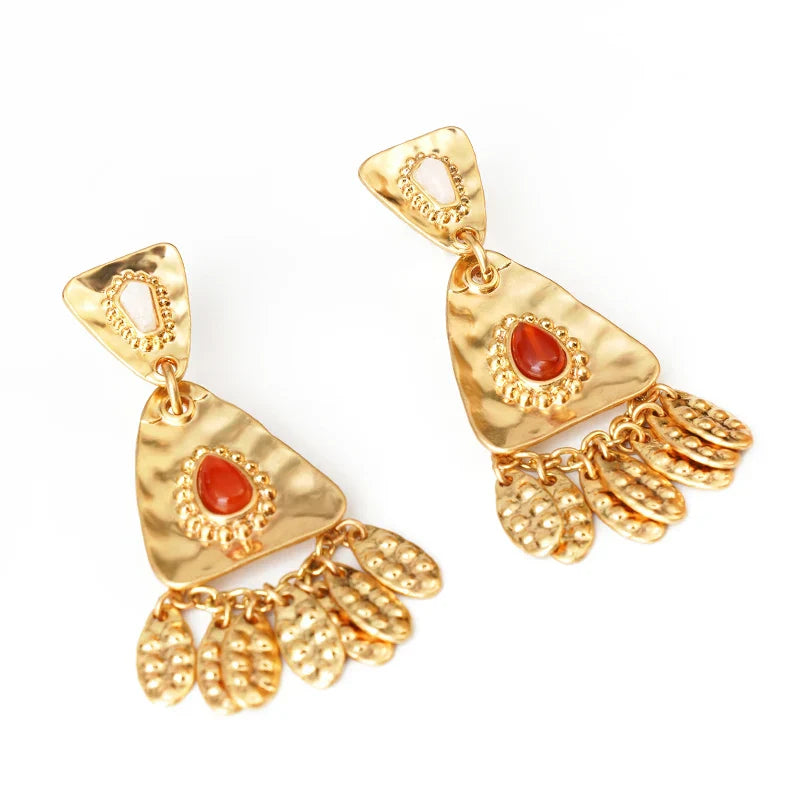 Vintage Leaves Earrings Heavy Metal Gold Studs Tassel