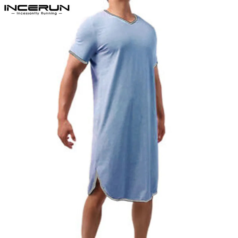 Fashion Men's Loose Sleepwear Casual Solid Nightgown INCERUN