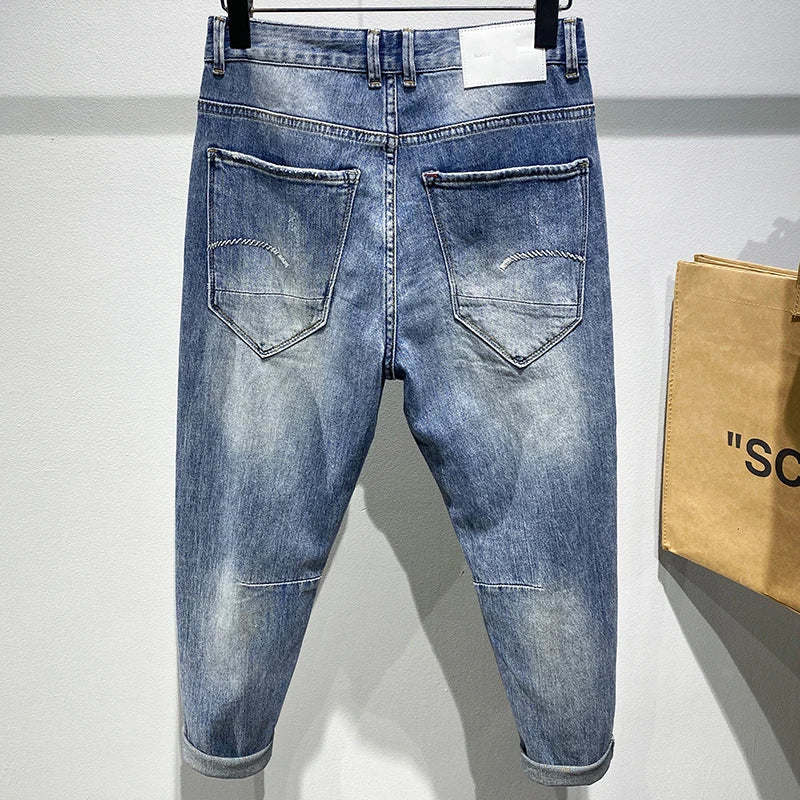 Ripped Jeans Men Light Blue Stretch Harem Pants