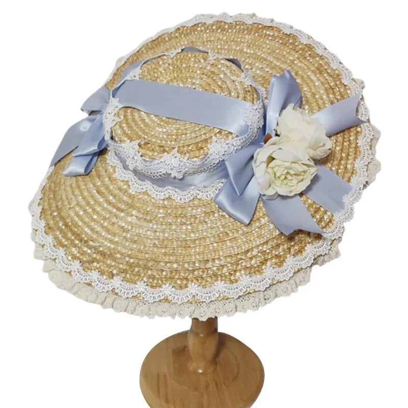 Japanese Lolita Sweet Handmade Straw Sun Hat Lace