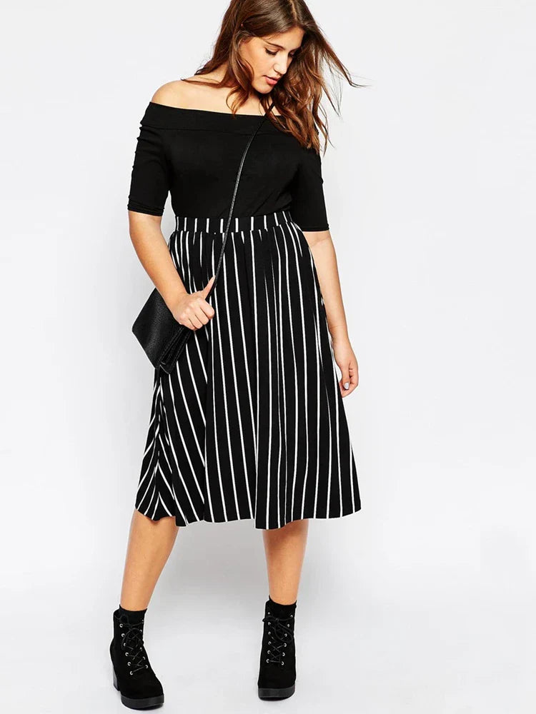 Plus Size High Elastic Waist Casual Striped Skirt